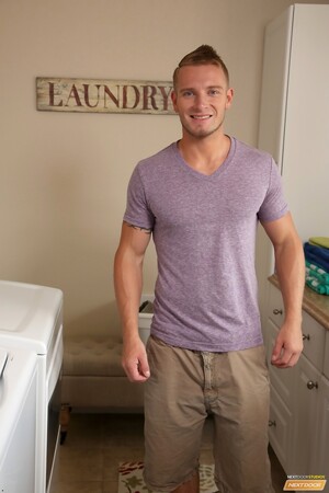 Tall gay hunk Mark Long bags blonde Jake Karhoff in the laundry room