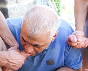 Daddy sucking two cocks and eat ass